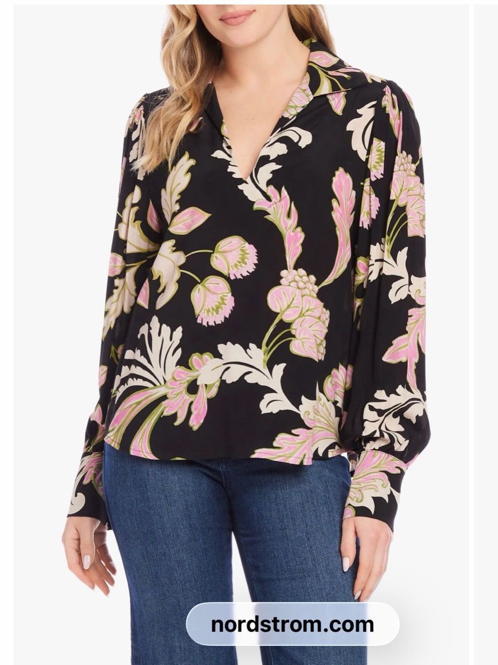 NWT Karen Kane Blouson Top size Medium Black Floral V-Neck Long-Sleeve Blouse
